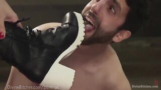 The muscled dominatrix beats and dominates her slave boy in a hardcore scene