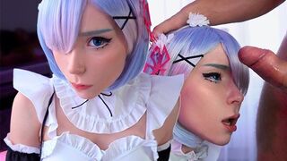 Kawaii maid cosplayer gives her boss a deep blowjob and cum in mouth