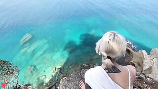The cute girl passionately sucks the dick of her ex-boyfriend on the shore