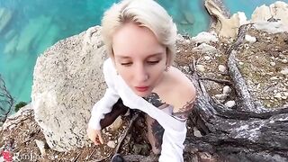 The cute girl passionately sucks the dick of her ex-boyfriend on the shore