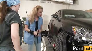 A tiny ginger has sex with her girlfriend in the garage, engaging in intimate acts