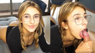 The cute girl gets a huge dick in her throat and receives a warm throat pie