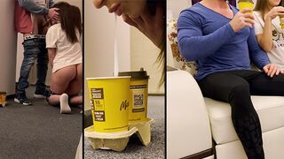 A woman gets fucked by delivery guy and eats his cum