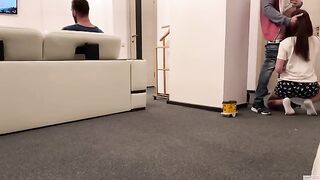 A woman gets fucked by delivery guy and eats his cum
