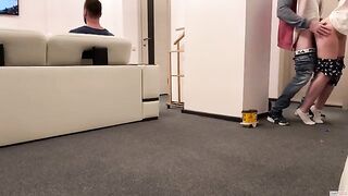 A woman gets fucked by delivery guy and eats his cum