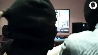 The man checked the strength of mouth-watering balls of the balaclava-clad girl in a steamy scene