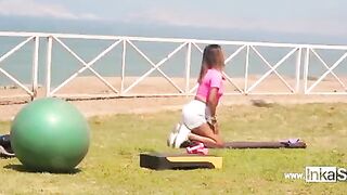 A sexy Peruvian woman is doing exercises in the gym and gets very wet