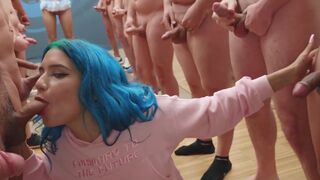 Min Galilea swallows a mouthful of cum in an intense bukkake scene