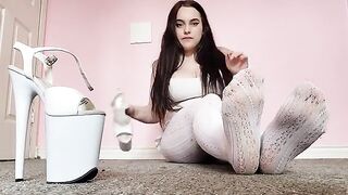 Foot-fetish and dirty white tights with pleaser heels
