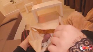 The guy put his cock in the popcorn for sexy stepmom to eat