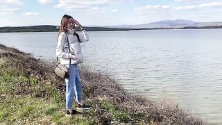 The wife cheated on her husband with a forest ranger outdoors