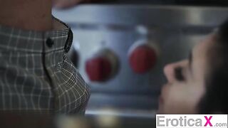 The hot couple has a kitchen sex session