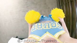 Cute blonde cheerleader Madison Summers gets her face smeared with cum
