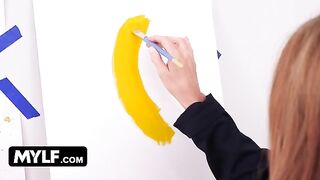 Artistic MILF with huge boobs seduces her nude painter model