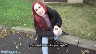 Redhead Brit shows off her pierced tits for cash in this steamy Public Agent scene