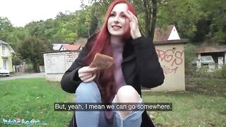 Redhead Brit shows off her pierced tits for cash in this steamy Public Agent scene
