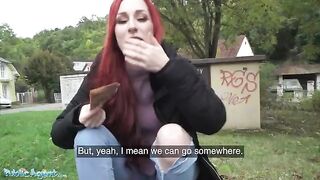 Redhead Brit shows off her pierced tits for cash in this steamy Public Agent scene