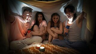 Two naughty boys scared Aubrey and Penelope with a spooky story before fucking them