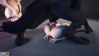 Juicy girls are fucking with a big werewolf