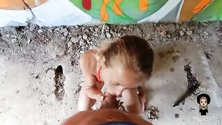 Cute blonde has sex with a guy in an abandoned building