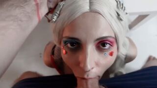 Crazy bitch Harley Quinn with a huge butt plug in her ass during cock sucking