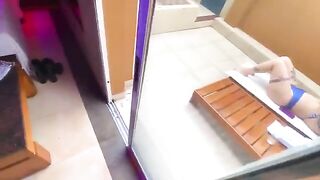 A red hair girl has sex in a bikini with an employee in a public place
