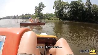 Chesty hottie is drilled by a hunter in the forest for cash