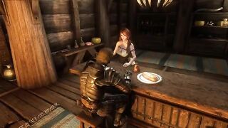 A traveler gets entangled with Ysolda in a passionate encounter at her tavern in Skyrim