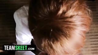 Redhead housekeeper Abbey Rain gets dominated and cum on her knees