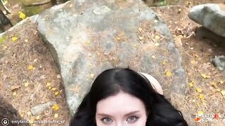 Brunette babe gets her pussy pounded in the woods and gets cum on her face
