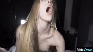 Skinny teen gets her tight pussy smashed by a huge dick in a rough session