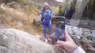 A sexy girl is fucking with her boyfriend in nature, making a home sex video