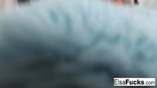 A small-breasted blonde named Elsa Jean plays with her pussy in a sensual scene