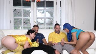 Hot stepdaughters in costumes Keira Croft and Penelope Woods get fucked by their stepdads