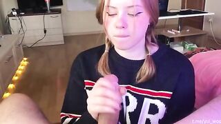The student gently sucks cock and gets a lot of sperm on her tongue