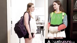 Horny teen Hazel Moore licks her busty bestie's pussy in class