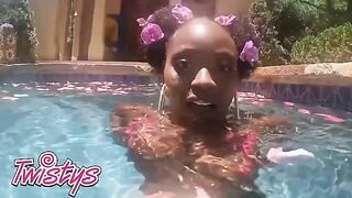 Petite beauty Elsie enjoys sensual sex and swimming naked in the pool