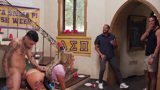Busty MILF housekeeper gets fucked hard by college frat in rough gangbang