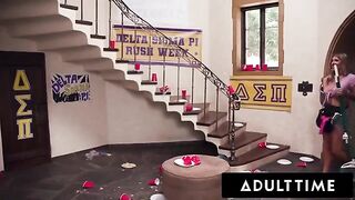 Busty MILF housekeeper gets fucked hard by college frat in rough gangbang