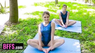 Gymnast Katie Kush and Kenzie Madison get their holes stretched by a huge dick