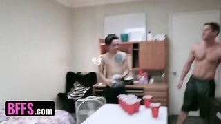 Two roommates' cocks shared by hot college girls in intense orgy