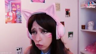 Gamer girl in Dva cosplay rides dildo and sucks cock while gaming