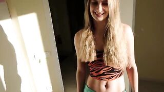 The girl caught her stepbrother jerking off and had to give herself