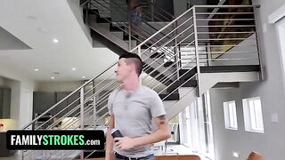 A step sister with huge natural boobs gets fucked by her stepbrothers