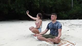 A petite teen gets distracted during meditation on the beach and gets into some steamy action with a stranger