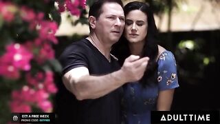 Pervert couple punish their naughty neighbor Haley Reed with a strap-on