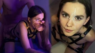 A hot brunette in a harness captures every cock sucking and jumping action on camera