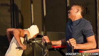 Kay Carter gets fucked by two black cocks at the gym