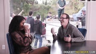 Ebony babe Paris The Muse gets her mouth used by 10 huge dicks