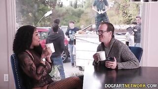 Ebony babe Paris The Muse gets her mouth used by 10 huge dicks